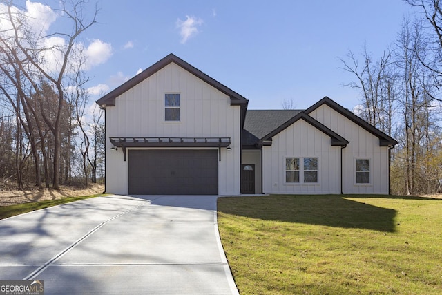 modern farmhouse with a garage and a front yard