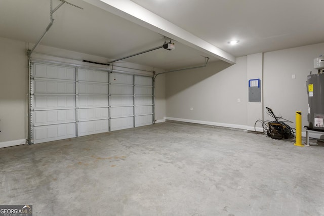 garage with a garage door opener, electric panel, and water heater