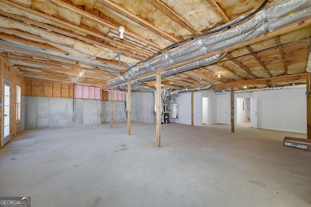 unfinished basement with strapped water heater