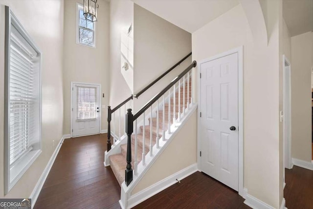 entryway featuring a high ceiling, plenty of natural light, and dark hardwood / wood-style floors