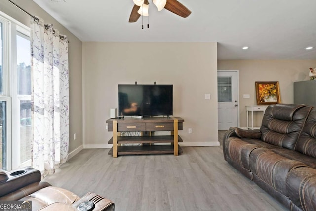 living room with ceiling fan and light wood-type flooring