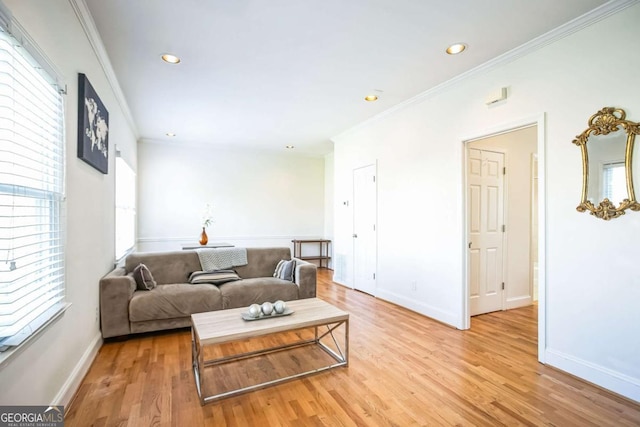 living room with crown molding and light wood-type flooring