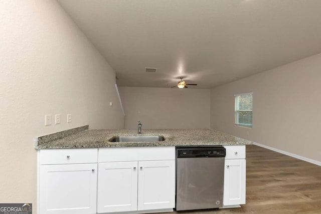 kitchen with stone counters, white cabinetry, dishwasher, sink, and kitchen peninsula