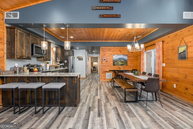 kitchen with appliances with stainless steel finishes, pendant lighting, wood ceiling, and kitchen peninsula