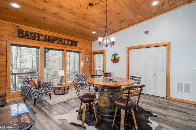 dining room featuring lofted ceiling, wooden walls, wooden ceiling, and dark hardwood / wood-style floors