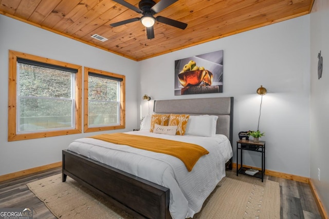 bedroom featuring wood ceiling, hardwood / wood-style flooring, and ornamental molding