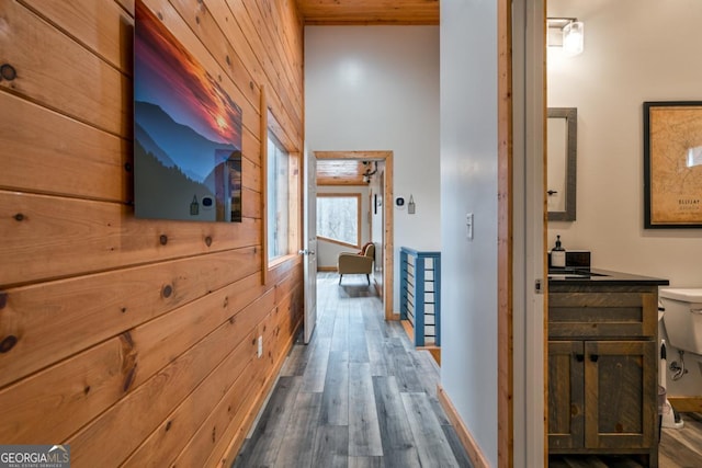 corridor with dark hardwood / wood-style flooring and wood walls