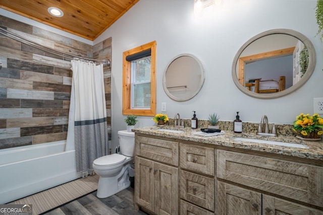 full bathroom featuring hardwood / wood-style floors, shower / bath combination with curtain, vaulted ceiling, wooden ceiling, and toilet