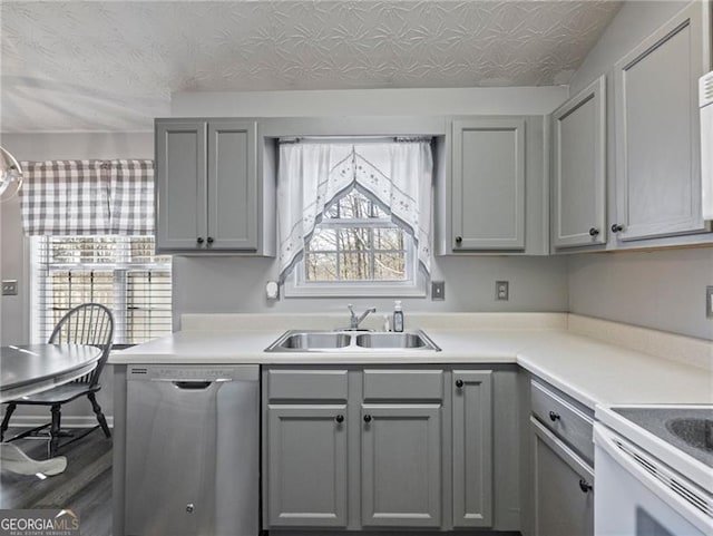 kitchen featuring sink, dark wood-type flooring, gray cabinets, a textured ceiling, and stainless steel dishwasher