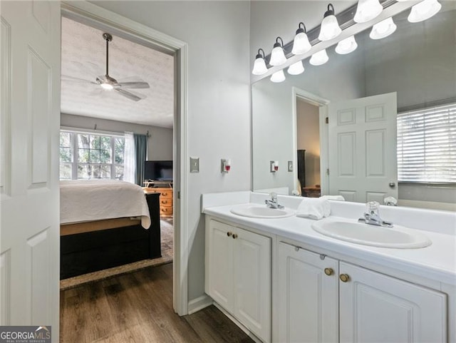 bathroom with vanity, hardwood / wood-style floors, and ceiling fan