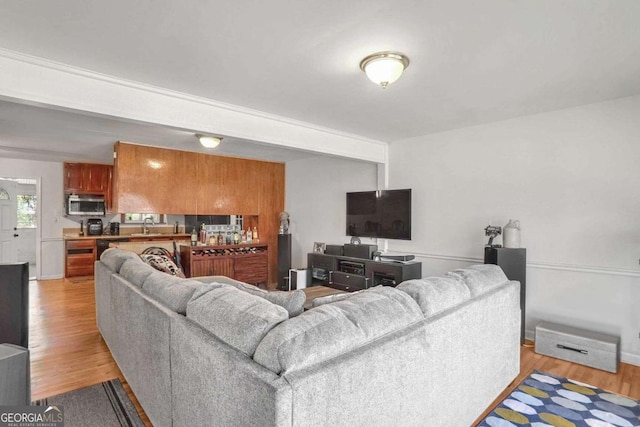 living room with sink and light hardwood / wood-style flooring