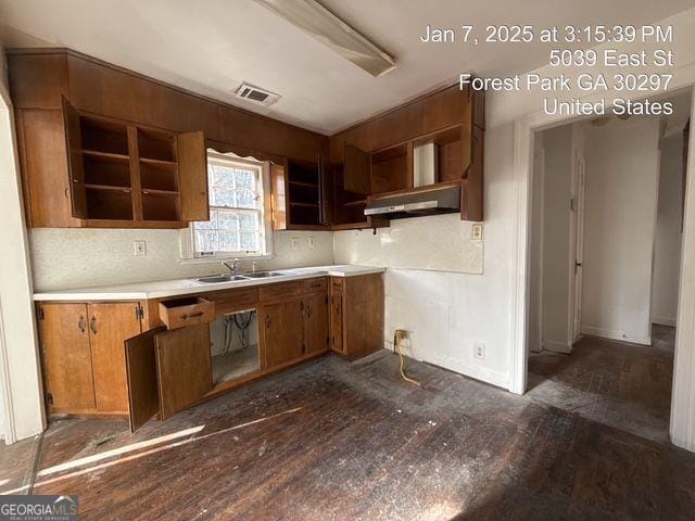 kitchen with dark hardwood / wood-style floors, sink, and backsplash