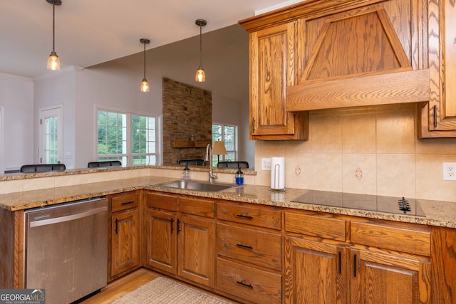 kitchen featuring premium range hood, sink, backsplash, stainless steel dishwasher, and black electric stovetop