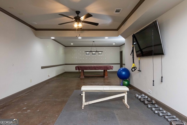 workout room featuring ceiling fan, pool table, and ornamental molding