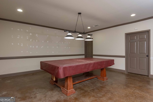 game room with crown molding, pool table, and concrete floors