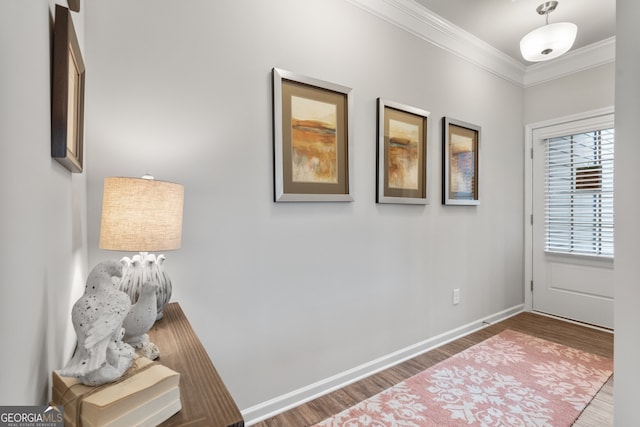 foyer with hardwood / wood-style flooring and ornamental molding