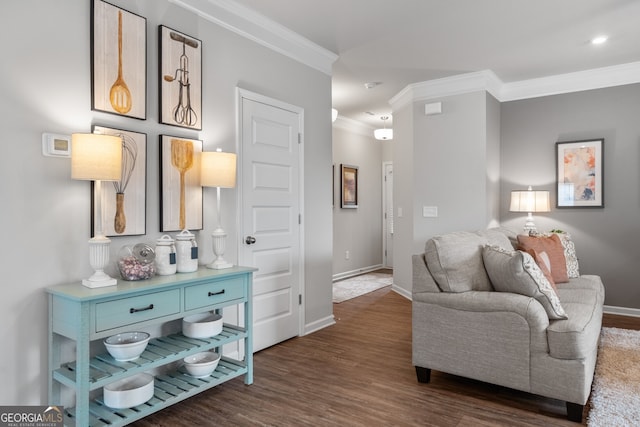 interior space with ornamental molding and dark wood-type flooring