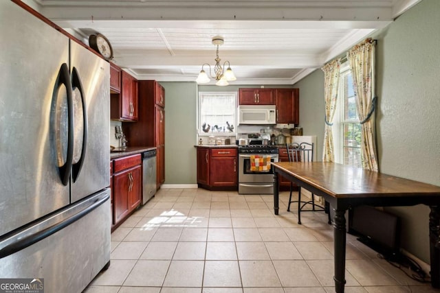 kitchen featuring beamed ceiling, a healthy amount of sunlight, stainless steel appliances, and decorative light fixtures