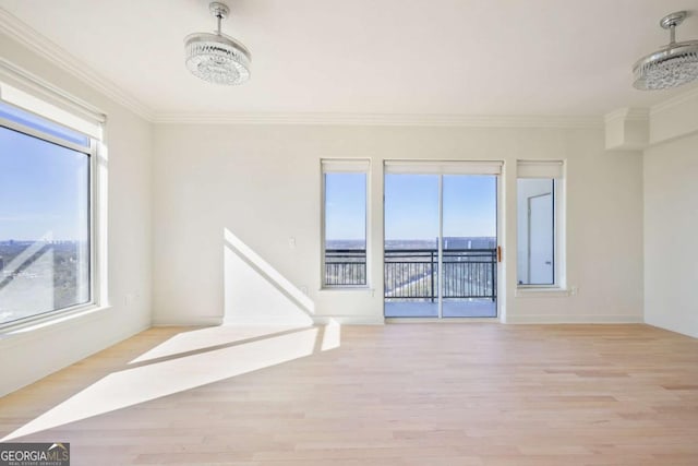 empty room featuring ornamental molding and light hardwood / wood-style flooring