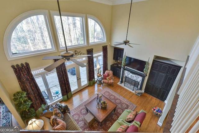 living room featuring ceiling fan, hardwood / wood-style floors, and a high ceiling