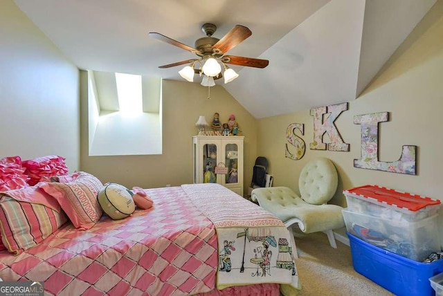 carpeted bedroom featuring vaulted ceiling and ceiling fan