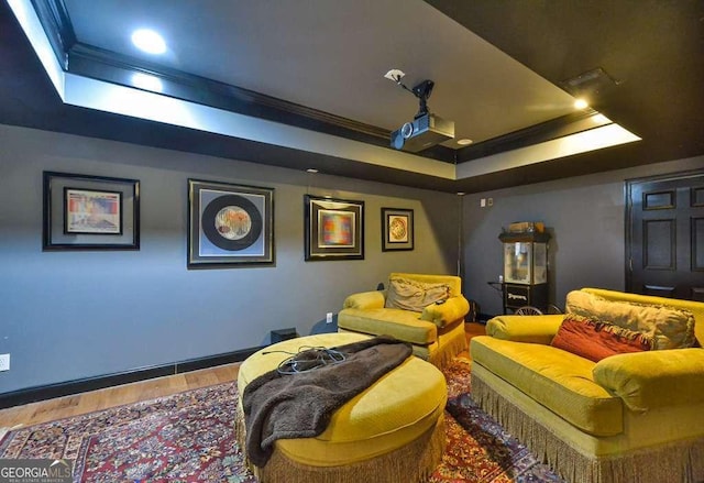 cinema with a raised ceiling and hardwood / wood-style floors