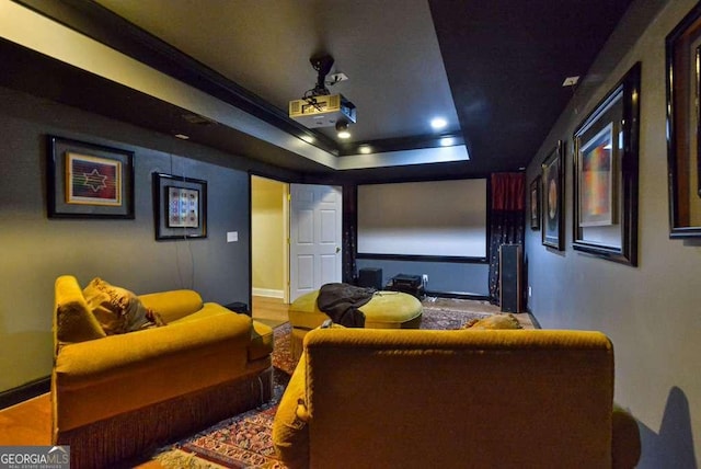 home theater room featuring a raised ceiling