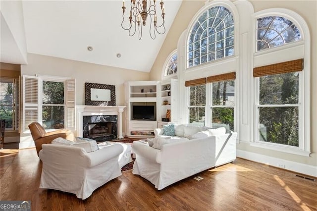 living room featuring hardwood / wood-style floors, a wealth of natural light, and a fireplace