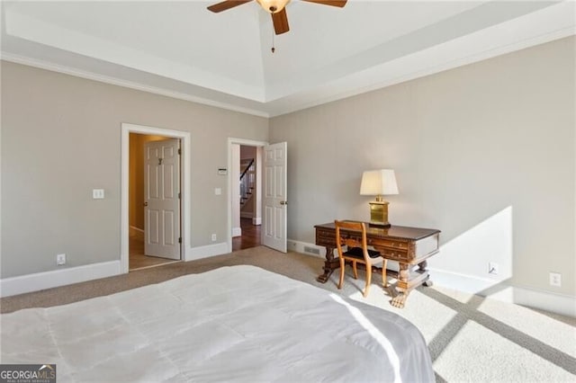 carpeted bedroom featuring ceiling fan and vaulted ceiling