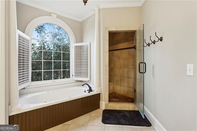 bathroom featuring independent shower and bath, crown molding, and tile patterned floors