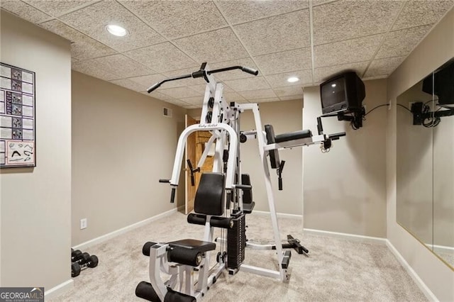 exercise room featuring a drop ceiling and carpet flooring