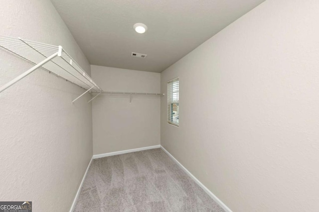 walk in closet with light colored carpet