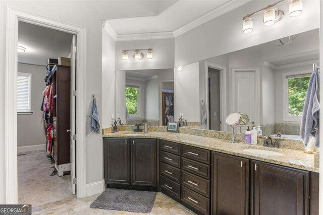 bathroom with crown molding, a healthy amount of sunlight, and vanity