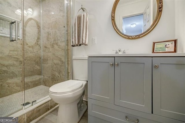 bathroom with vanity, an enclosed shower, and toilet