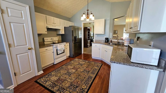 kitchen with white cabinetry, white appliances, sink, and pendant lighting