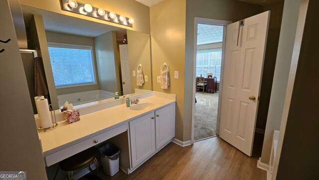 bathroom featuring vanity, hardwood / wood-style floors, and a washtub