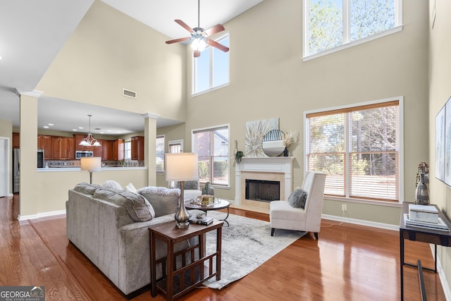 living room featuring a fireplace, decorative columns, light hardwood / wood-style floors, and plenty of natural light