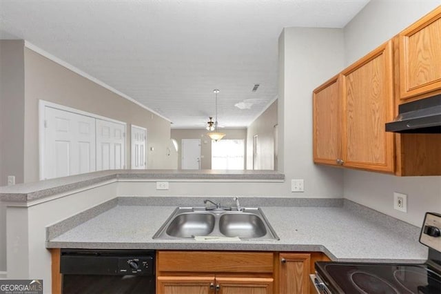 kitchen with black dishwasher, sink, electric range, and kitchen peninsula