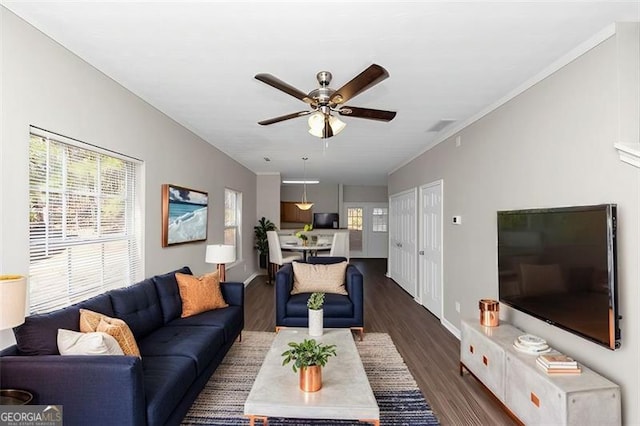 living room featuring dark hardwood / wood-style floors and ceiling fan