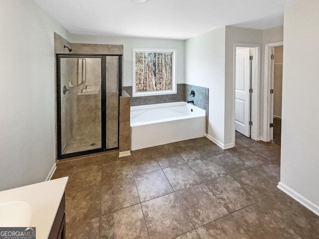 bathroom with vanity, separate shower and tub, and tile patterned flooring