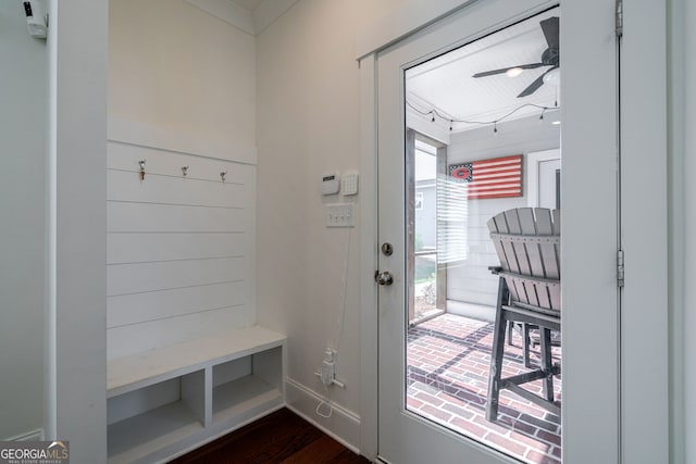 mudroom featuring ceiling fan and dark hardwood / wood-style flooring