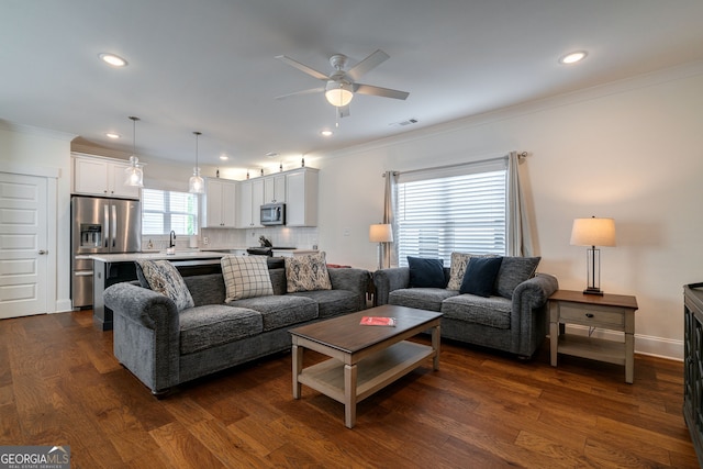 living room featuring crown molding, ceiling fan, dark hardwood / wood-style flooring, and sink