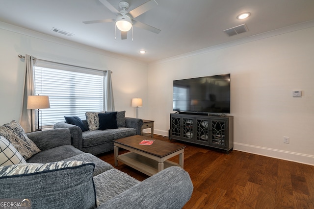 living room featuring crown molding, ceiling fan, and dark hardwood / wood-style floors