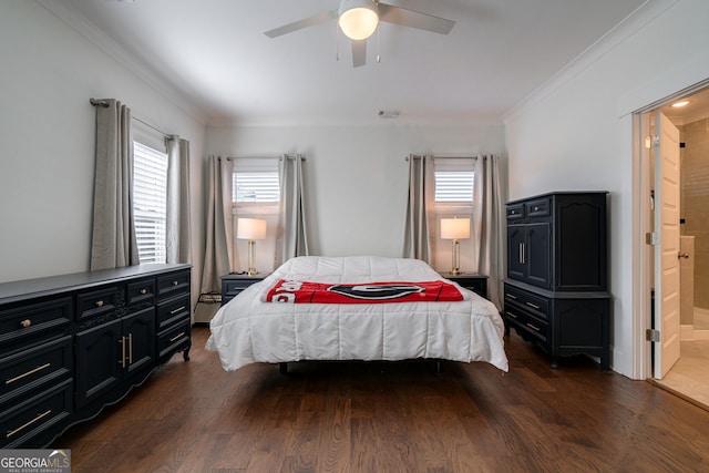 bedroom featuring multiple windows, crown molding, and dark hardwood / wood-style floors