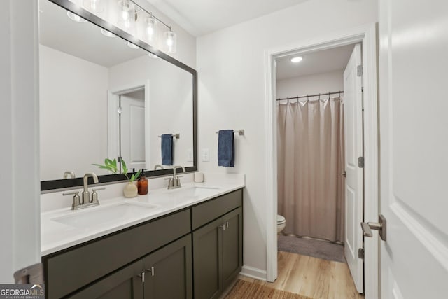 bathroom with vanity, hardwood / wood-style floors, and toilet