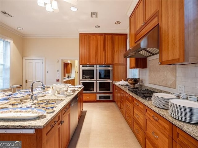 kitchen featuring sink, crown molding, light stone countertops, and appliances with stainless steel finishes