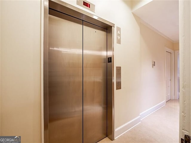 hall featuring ornamental molding, light carpet, and elevator