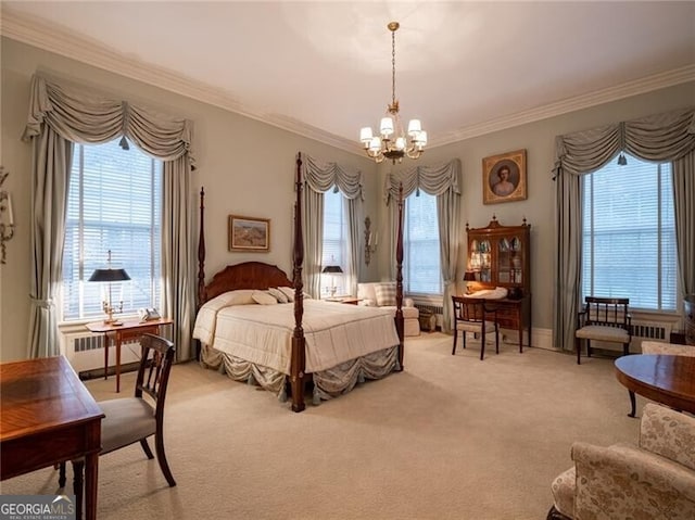 carpeted bedroom featuring crown molding, radiator, and a chandelier