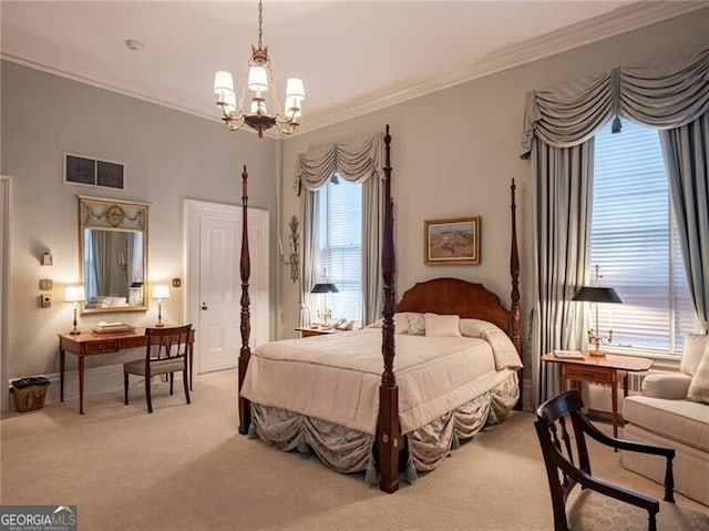 carpeted bedroom with an inviting chandelier and crown molding