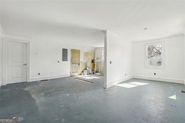 unfurnished living room with electric panel